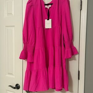 Hot Pink Tiered Dress with Ruffle Sleeves - Pomander Place